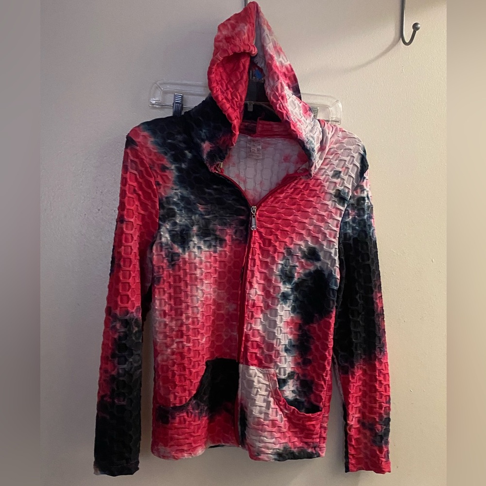 Colorful Brand Womens Textured  Zip Up Jacket S M Black Pink White Polyester